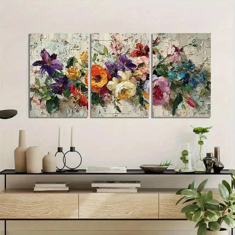 3pcs Vibrant Colorful Flower Arrangements Painting Metal Print Ready to Hang Art