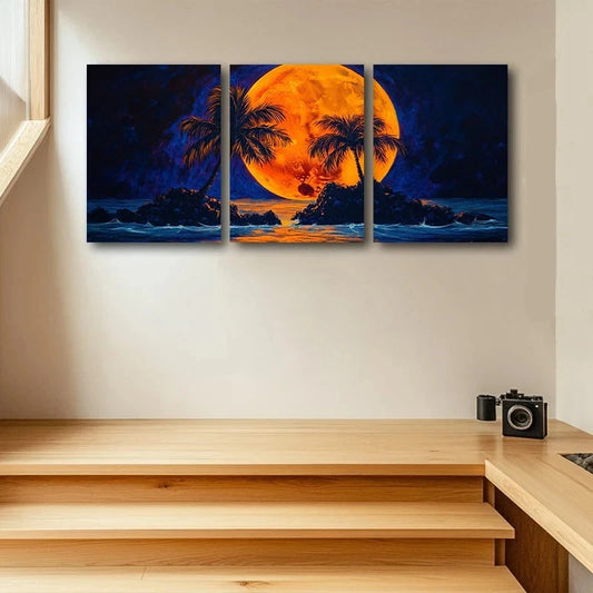 3pcs Tropical Palm Tree Vibrant Sunset Scene Metal Print Ready to Hang Art