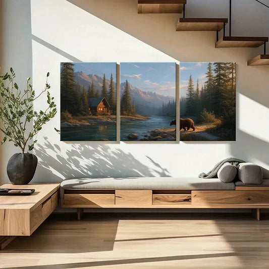3pcs Mountain Cabin Bear Forest River Landscape Metal Print Ready to Hang Art