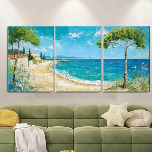 3pcs Mediterranean Beach Painting Metal Print Ready to Hang Art