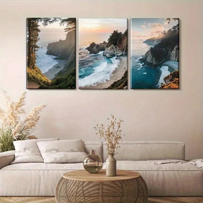 3pcs Featuring Majestic Waves Rock Formations Metal Print Ready to Hang Art