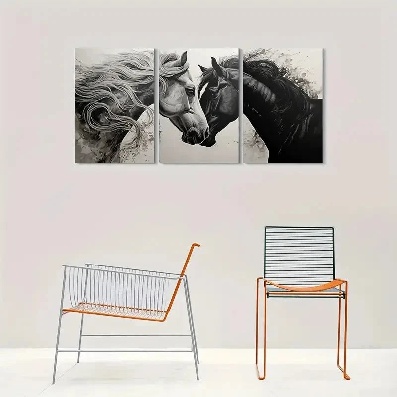 3pcs Black and White Horse Modern Animal Metal Print Ready to Hang Art
