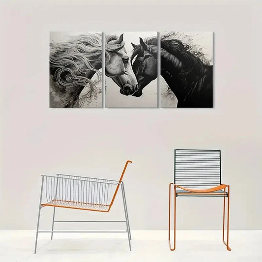 3pcs Black and White Horse Modern Animal Metal Print Ready to Hang Art
