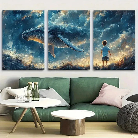 3pcs Boy Flying with Humpback Whale Portrait Metal Print Ready to Hang Art