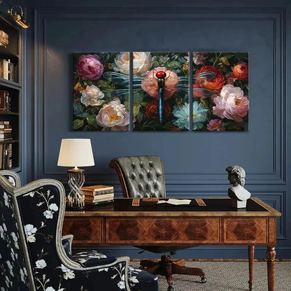 3pcs Vibrant Artistic Dragonfly Floral Garden Metal Print Ready to Hang Art