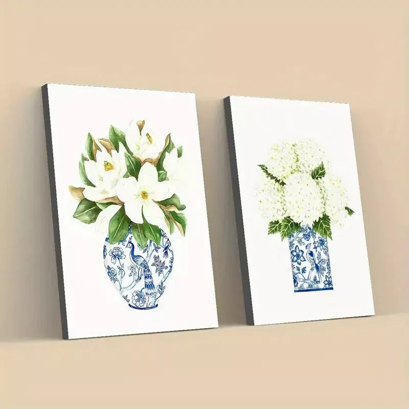 2pcs Set, Floral and Blue and White Porcelain Vase Framed 50x75cm - High Quality Print 100% Australian Made Wall Canvas Ready to Hang
