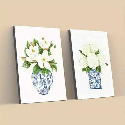 2pcs Set, Floral and Blue and White Porcelain Vase Framed 50x75cm - High Quality Print 100% Australian Made Wall Canvas Ready to Hang