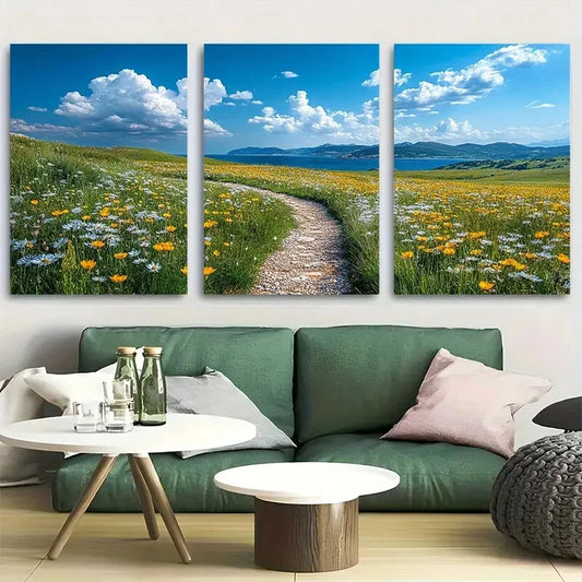 3pcs Path Through Grassy Field Metal Print Ready to Hang Art
