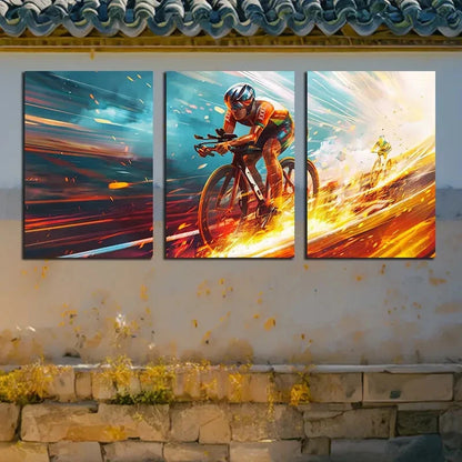 3pcs Dynamic Bicycle Vibrant Cyclist Design Metal Print Ready to Hang Art