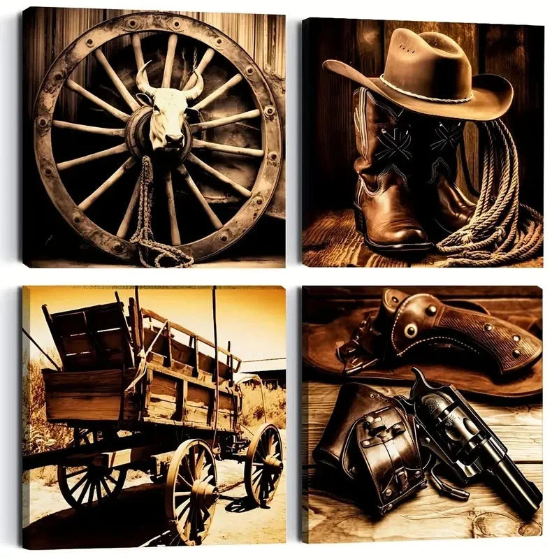 4pcs Cowboy Hat Boot Saddle Faux Leather Rancher Wall Art Canvas Framed