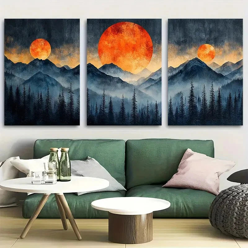3pcs Sunset Forest Landscape Abstract Illustration Metal Print Ready to Hang Art