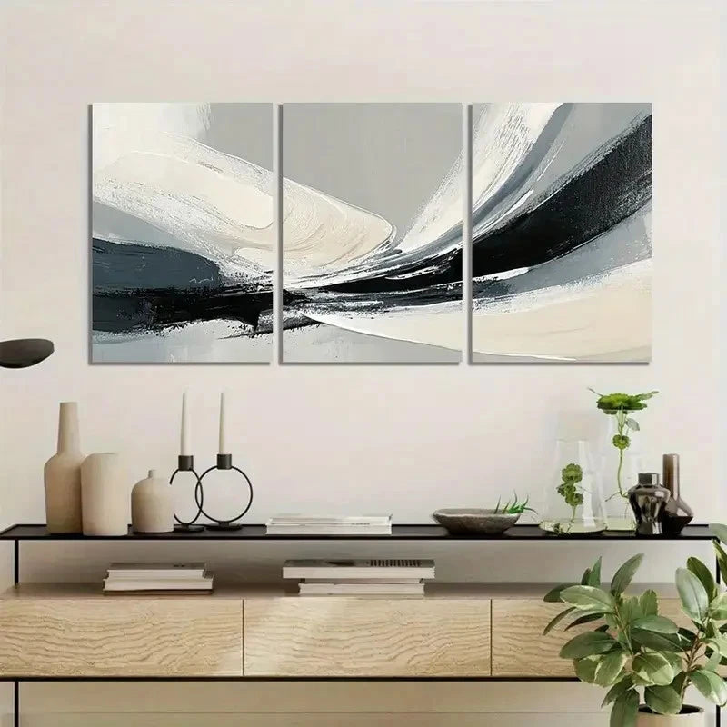 3pcs Abstract Black Gray and White Brushstroke Metal Print Ready to Hang Ar