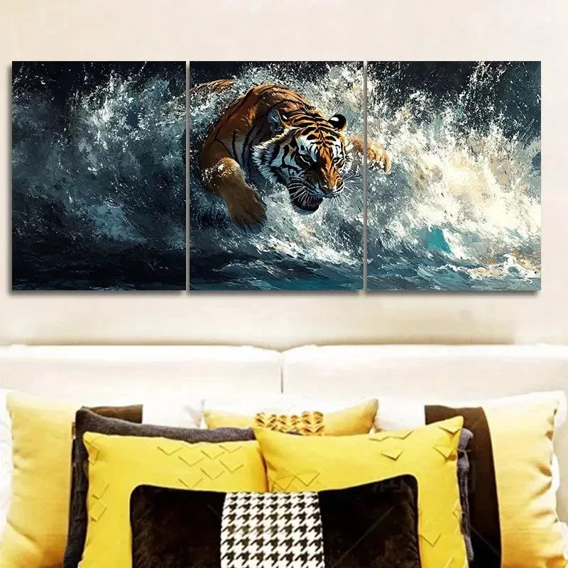 3pcs Tiger in Water Realistic Water Effects A Wall Art Set Canvas Framed 50x70cm - High Quality Print 100% Australian Made Wall Canvas Ready to Hang