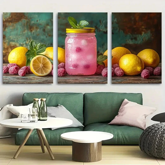 3pcs Raspberry Lemonade Jar Metal Print Ready to Hang Art