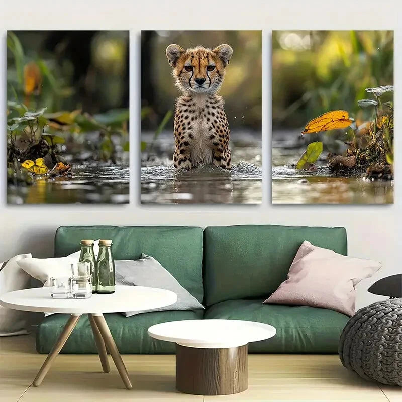 3pcs Youngsters Cheetah Standing In Water Metal Print Ready to Hang Art
