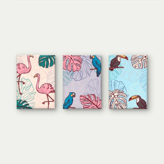 3pcs Tropical Birds and Jungle Leaves Kids Wall Art Set Canvas Framed 50x70cm - High Quality Print 100% Australian Made Wall Canvas Ready to Hang