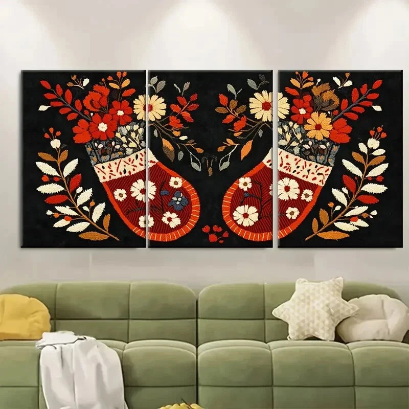 3pcs Muhu Embroidered Mittens Design Traditional Metal Print Ready to Hang Art