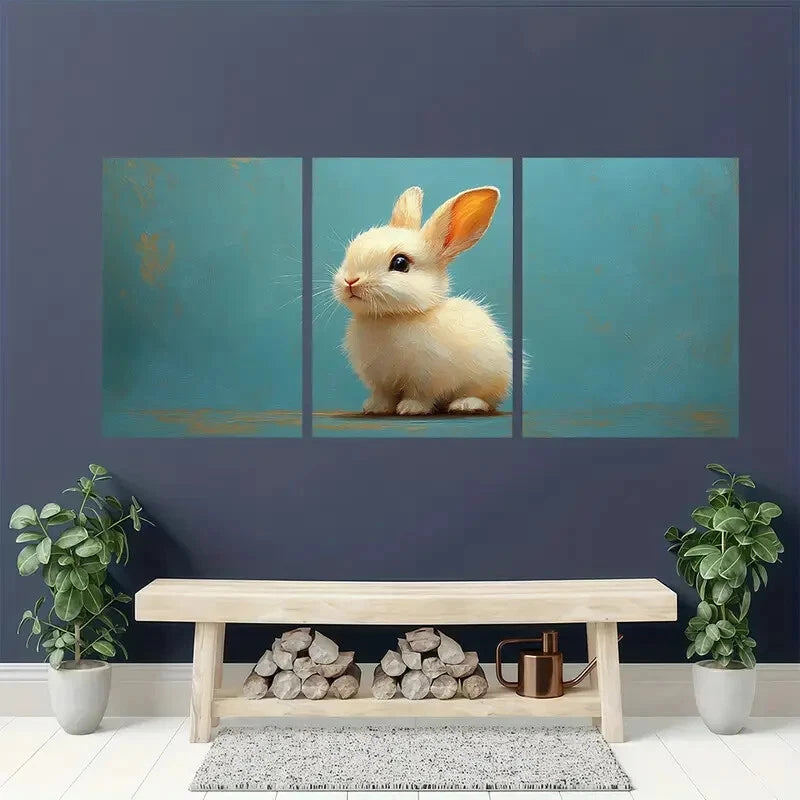 3pcs Adorable White Rabbit Realistic Oil Painting Metal Print Ready to Hang Art