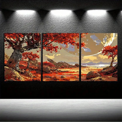 3pcs Red Leaf Tree Design Metal Print Ready to Hang Art