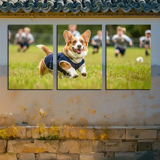 3pcs Dog in School Uniform Playing Football Metal Print Ready to Hang Art
