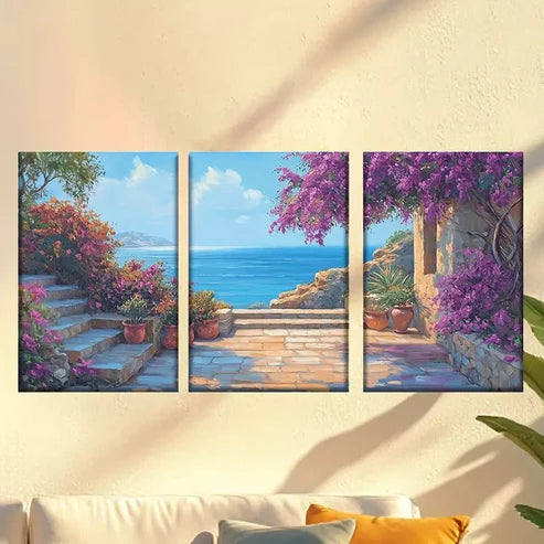 3pcs Coastal Scene with Purple Flowers & Stone Wall Art Canvas Unframed - High Quality Print 100% Australian Made Wall Canvas