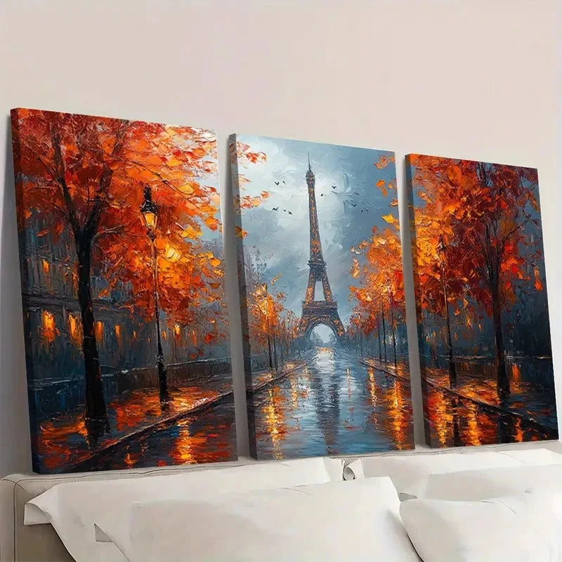 3pcs Vibrant Autumn Street Scene with Golden S Wall Art Set Canvas Framed 60x90cm - High Quality Print 100% Australian Made Wall Canvas Ready to Hang