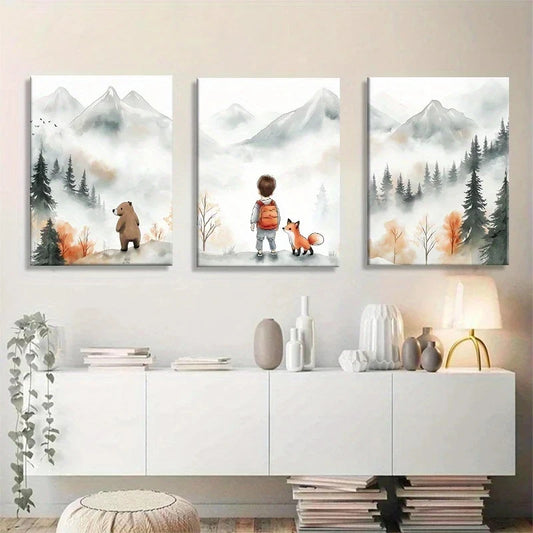 3pcs Boys and Forest Animal Mountain Metal Print Ready to Hang Art