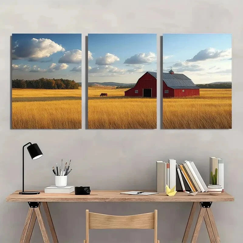 3pcs Red Barn Windmill & Cow Design Metal Print Ready to Hang Art
