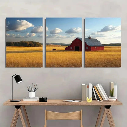 3pcs Red Barn Windmill & Cow Design Metal Print Ready to Hang Art