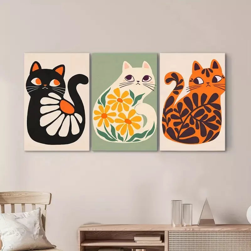 3pcs Boho Wall Art Cute Cats Artwork Plant Canvas Framed 40x60cm - High Quality Print 100% Australian Made Wall Canvas Ready to Hang