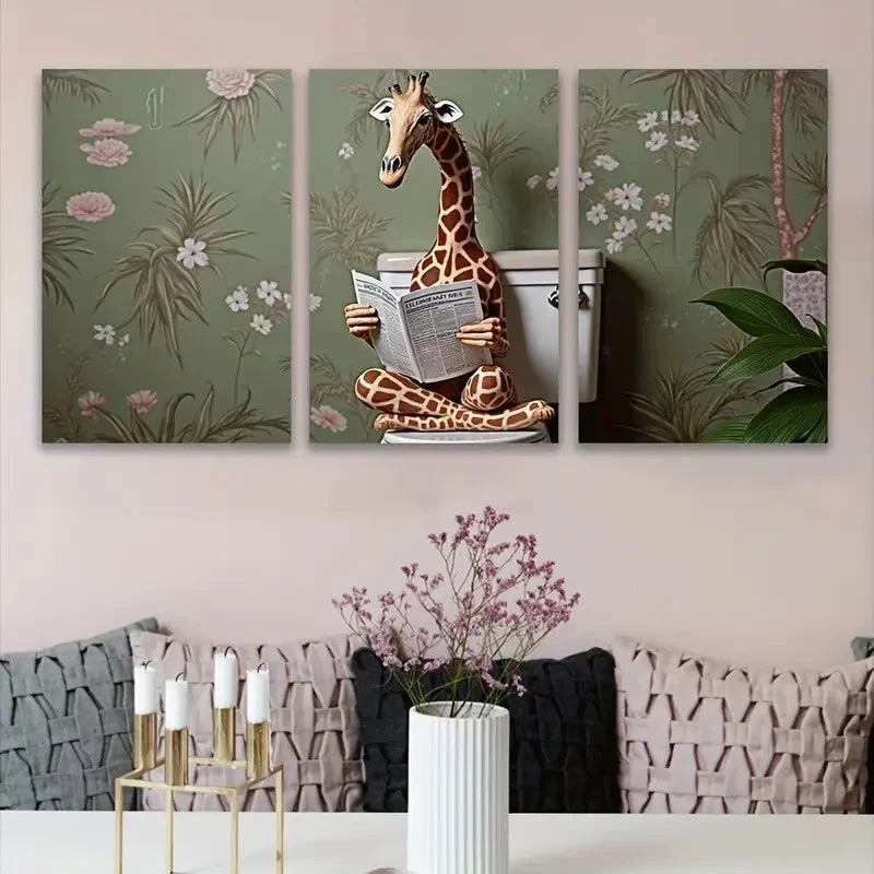 3pcs Whimsical Giraffe on Toilet Metal Print Ready to Hang Art