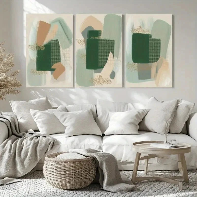 3pcs Green Beige & White Brush Strokes Metal Print Ready to Hang Art