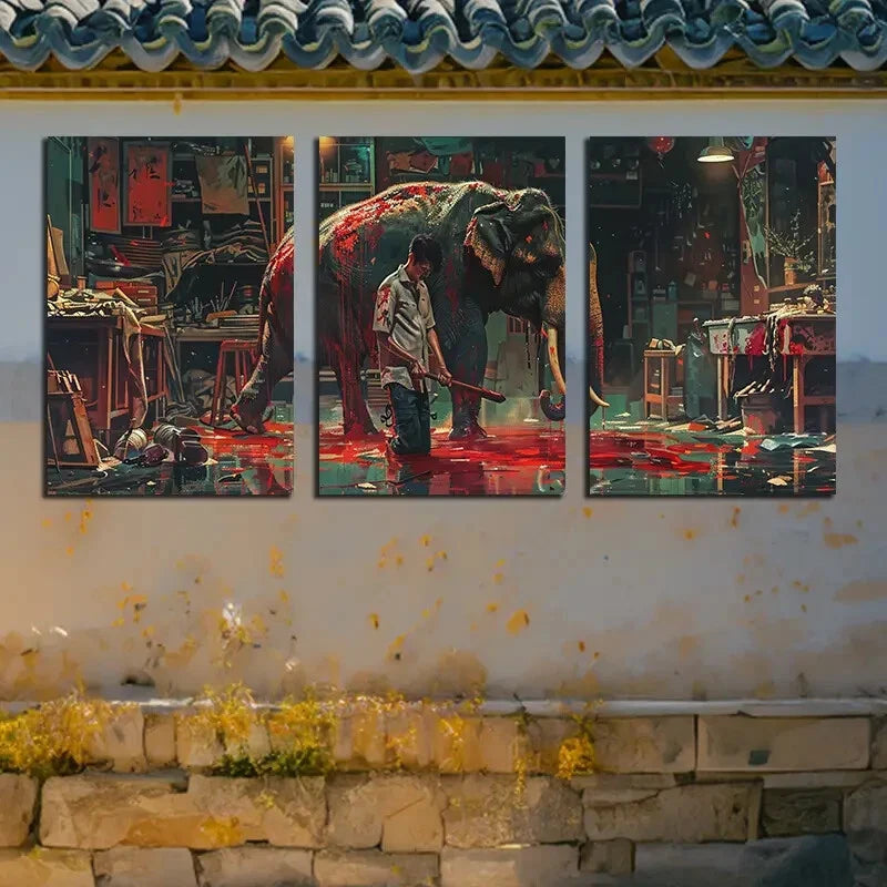 3pcs Elephants and Humans Illustration Metal Print Ready to Hang Art