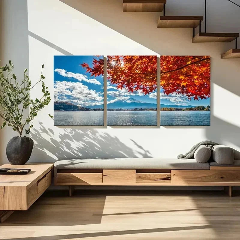 3pcs Nature Sea Mountains Maple Leaves Wall Art Set Canvas Framed 40x60cm - High Quality Print 100% Australian Made Wall Canvas Ready to Hang