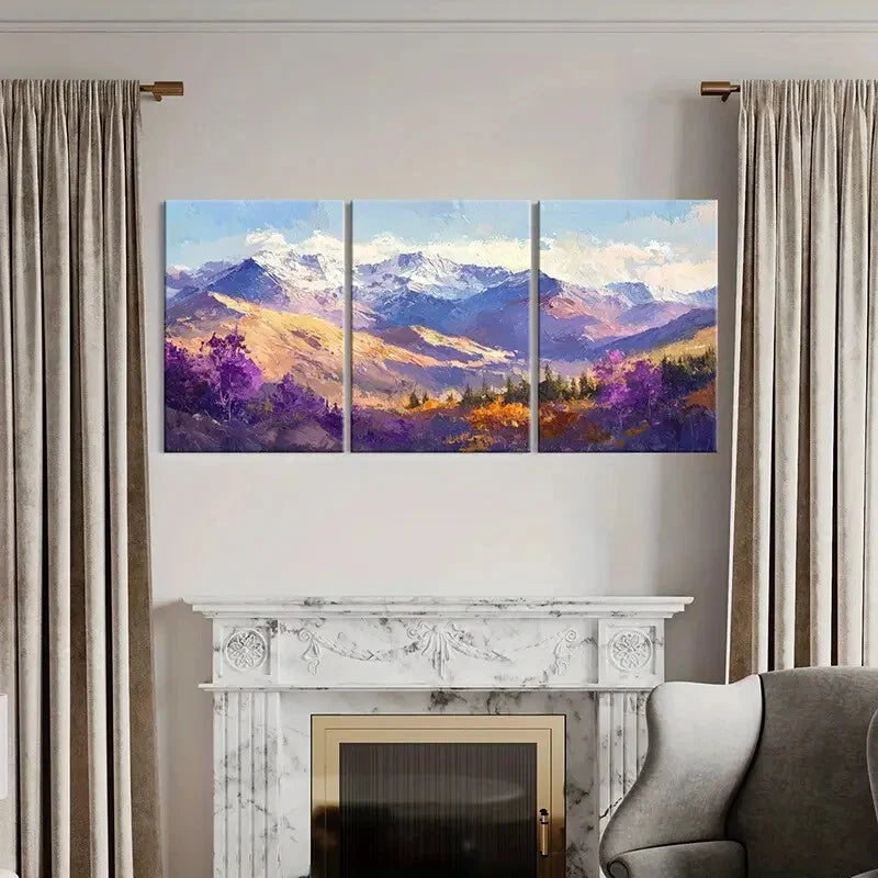 3pcs Set of Abstract Vibrant Mountain Landscape Metal Print Ready to Hang Art