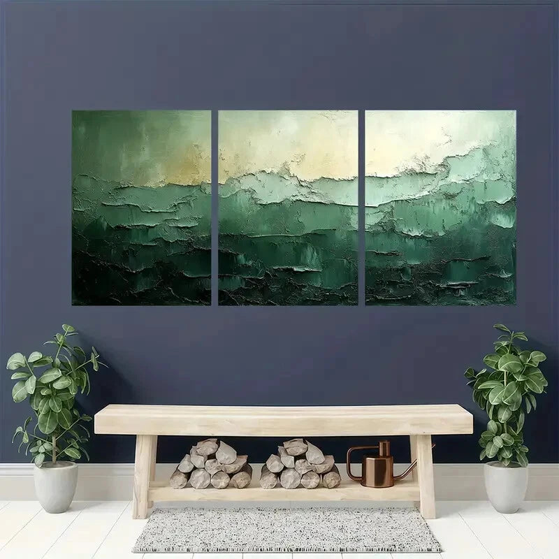3pcs Green Abstract Minimalist Wabi Sabi Textured Metal Print Ready to Hang Art