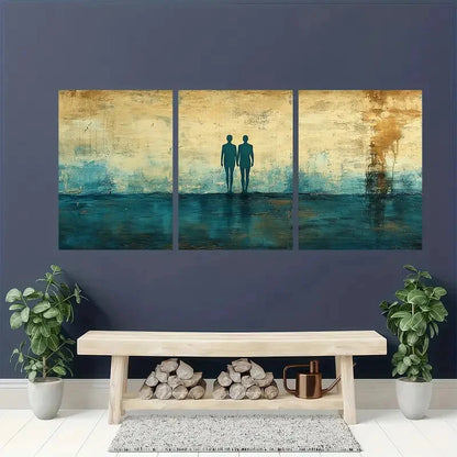 3pcs Cyan & Beige Silhouettes of Figures Metal Print Ready to Hang Art