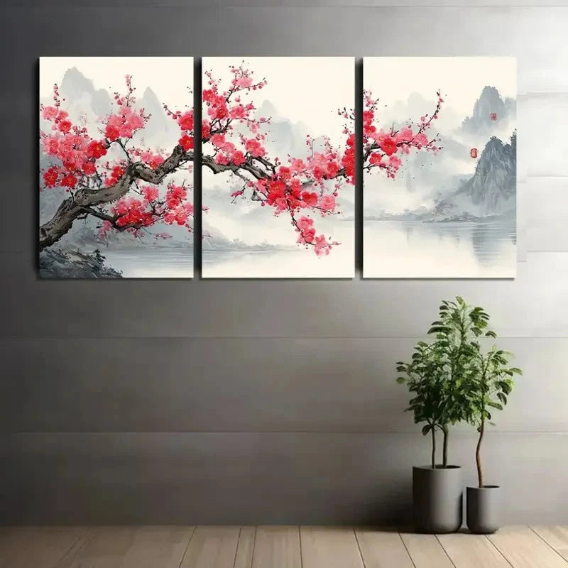 3pcs Plum Blossom Tree with Pink Flowers Metal Print Ready to Hang Art