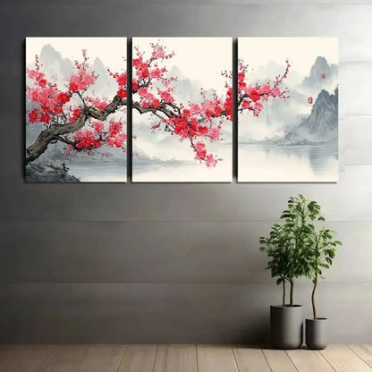 3pcs Plum Blossom Tree with Pink Flowers Metal Print Ready to Hang Art