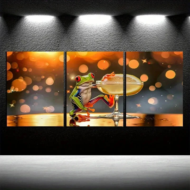 3pcs Tropical Frog Cocktail Beach Themed Metal Print Ready to Hang Art