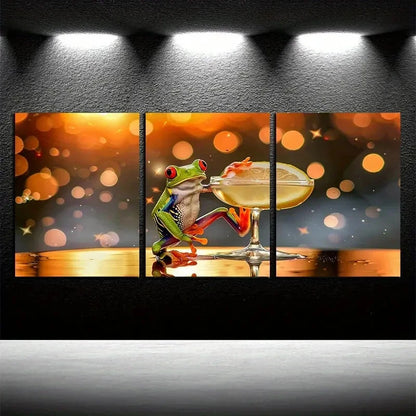 3pcs Tropical Frog Cocktail Beach Themed Metal Print Ready to Hang Art