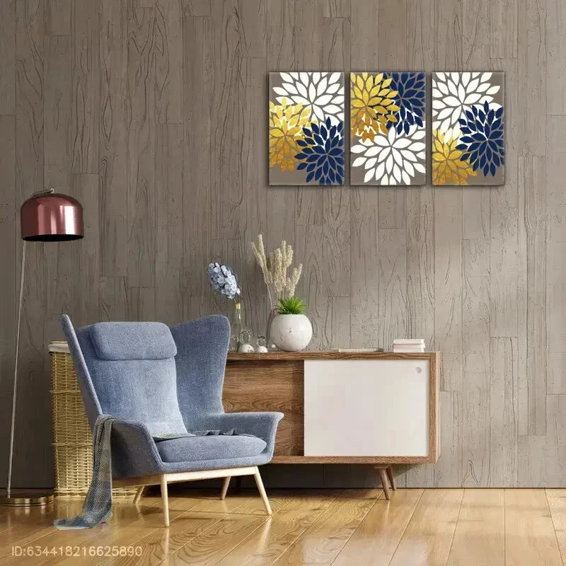 3pcs Navy Blue Faux Golden Art Minimalist Style Metal Print Ready to Hang Art
