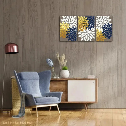 3pcs Navy Blue Faux Golden Art Minimalist Style Metal Print Ready to Hang Art
