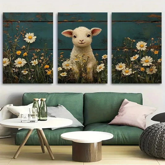 3pcs Lamb in Daisy Meadow Cottagecore Charm Metal Print Ready to Hang Art