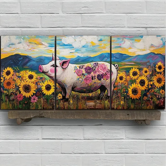 3pcs Pigs in The Fields Sunflower Metal Print Ready to Hang Art