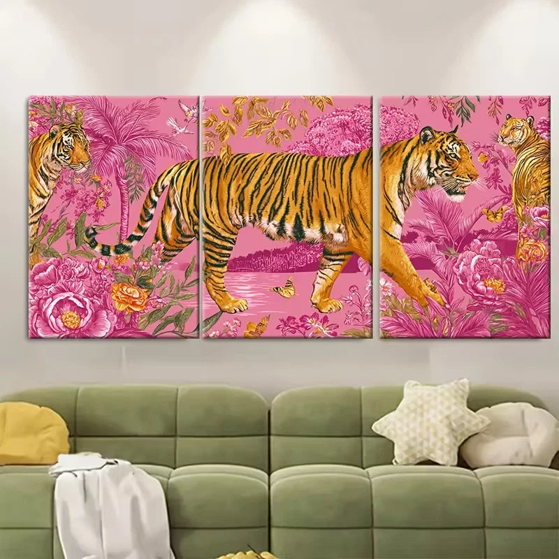 3pcs Pink Orange Retro Tiger Print Metal Print Ready to Hang Art