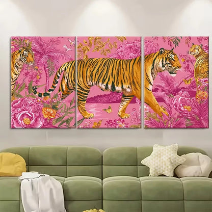 3pcs Pink Orange Retro Tiger Print Metal Print Ready to Hang Art