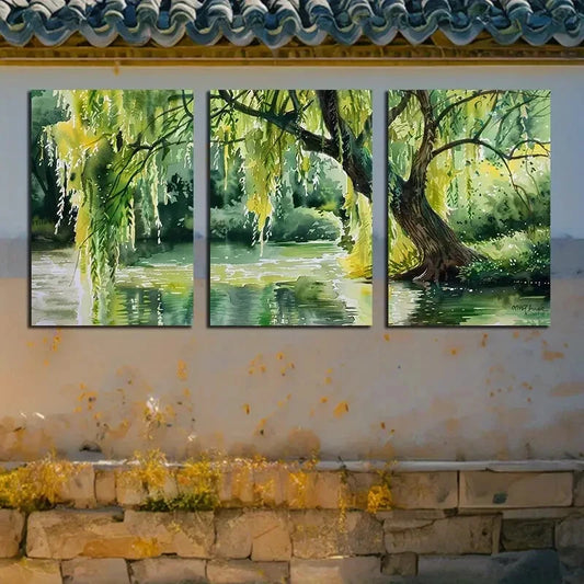 3pcs Vibrant Willow Tree Nature Scene Metal Print Ready to Hang Art