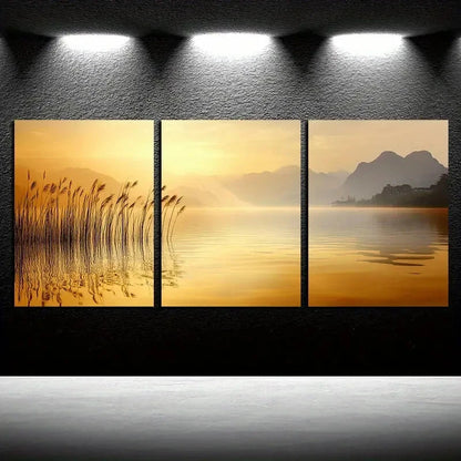3pcs Vibrant Reeds by the lake Illustration Metal Print Ready to Hang Art