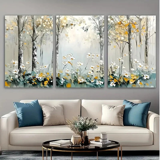 3pcs Abstract Forest White Flowers Metal Print Ready to Hang Art